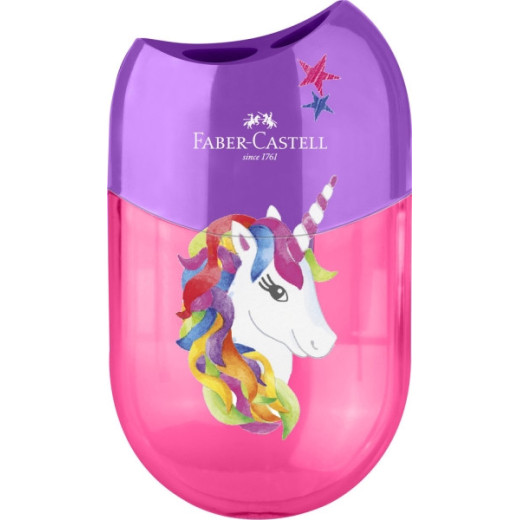 Faber-Castell Unicornio Sacapuntas de 2 Orificios con Deposito - Diseño Atractivo de Unicornio - Color Rosa/Violeta