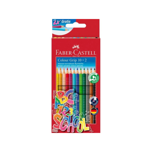 Faber-Castell Colour Grip Pack 10+2 Lapices de Colores Triangulares con Grip de Agarre - Con Espacio para el Nombre - Colores Surtidos
