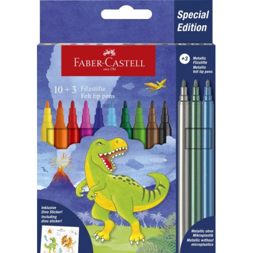 Faber-Castell Edicion Dinosaurios Pack de 13 Rotuladores de Colores - 10 Colores Clasicos + 3 Colores Metalizados - Incluye Pegatinas de Dinosaurios - Tinta a Base de Agua - Colores Surtidos
