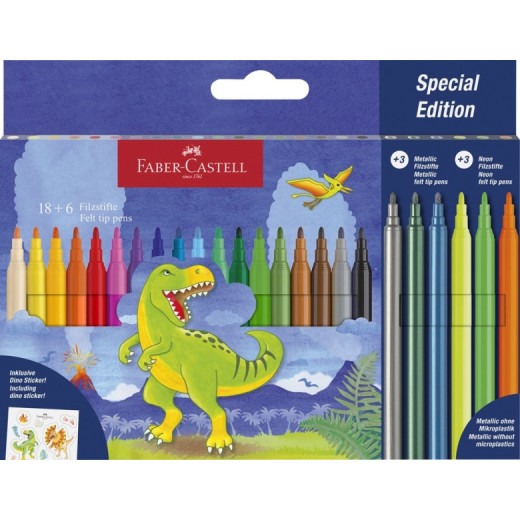 Faber-Castell Edicion Dinosaurios Pack de 24 Rotuladores de Colores - 18 Colores Clasicos + 3 Colores Metalizados + 3 Colores Neon - Incluye Pegatinas de Dinosaurios - Tinta a Base de Agua - Colores Surtidos