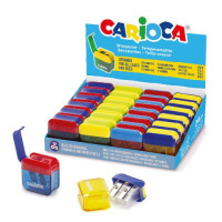 Carioca Expositor con 24 Minisacapuntas de 2 Orificios con Deposito - Tapon de Seguridad en la Cuchilla - Colores Aleatorios Surtidos