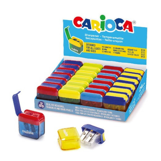 Carioca Expositor con 24 Minisacapuntas de 2 Orificios con Deposito - Tapon de Seguridad en la Cuchilla - Colores Aleatorios Surtidos