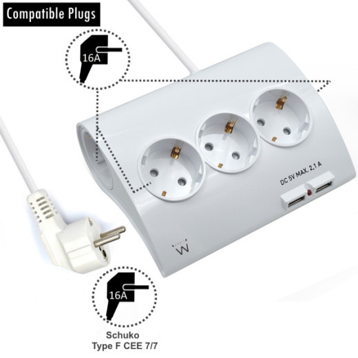 Ewent Regleta de Energia - 5 enchufes - Version Schuko - 16A - 2 Puertos USB - Cable de 1.5m - Color Blanco Ewent Regleta de Energia - 5 enchufes - Version Schuko - 16A - 2 Puertos USB - Cable de 1.5m - Color Blanco