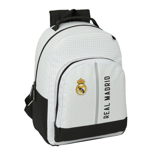 Safta Protection Real Madrid 1ª Equip. 24/25 Mochila 23L - Tamaño 32x15x42cm - Hombreras y Espalda Acolchadas - Adaptable a Carro Portamochilas - Asa de Mano - Color Blanco/Negro