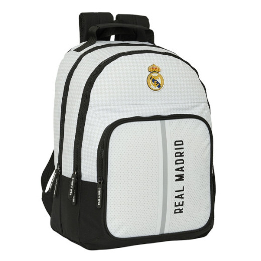 Safta Real Madrid 1ª Equip. 24/25 Mochila de 2 Compartimentos 21.5L - Tamaño 32x16x42cm - 2 Compartimentos Grandes y Bolsillo Frontal - Adaptable a Carro Portamochilas - Asa de Mano - Color Blanco/Negro