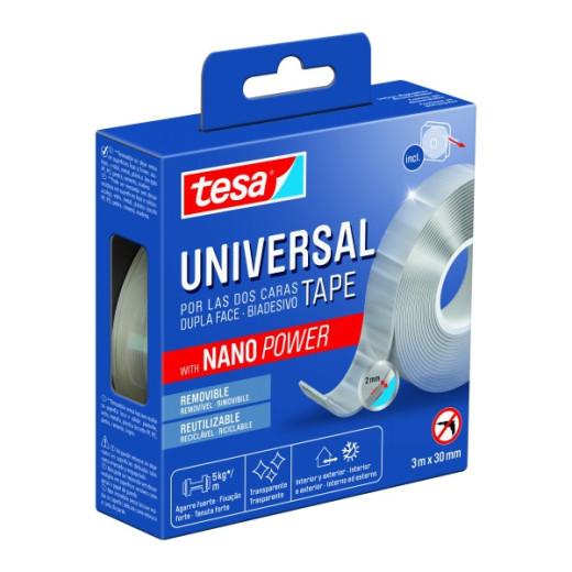 Tesa Cinta Universal de Doble Cara con Nano Power 30mm x 3 Metros - Soporta Cargas Pesadas - Puede Retirarse sin Dejar Residuos - Reutilizable - Para Interiores y Exteriores - Transparente