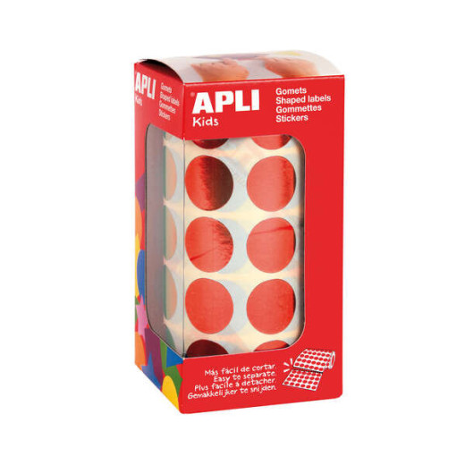 Apli Gomets Redondos Ø 20mm Rojo Metalizado - 59 Hojas Pretroqueladas - 1770 Gomets por Rollo - Ideal para Actividades Creativas con Niños - Normas EN-71 y FSC - Adhesivo Base Agua - Materiales 100% Reciclables