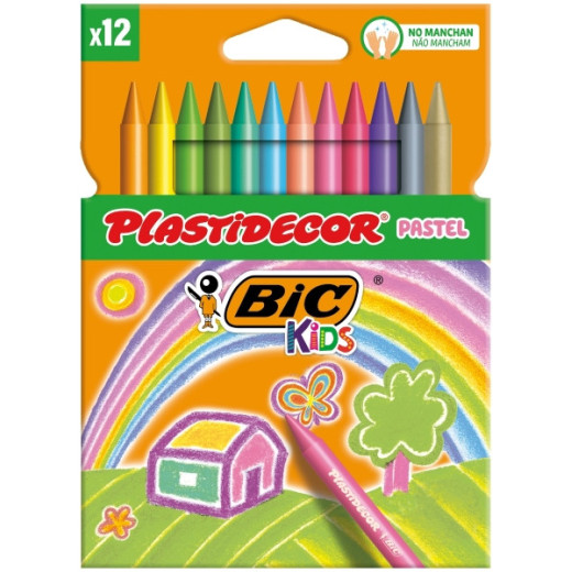 Bic Kids Plastidecor Pastel Caja de 12 Lapices de Cera - Extraresistentes - Facil de Sacar Punta - No Mancha - Colores Pastel Surtidos
