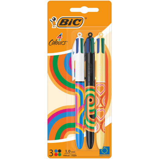 Bic 4 Colours Decors Pack de 3 Boligrafos de Bola Retractil - Punta Media de 1.0mm - Tinta con Base de Aceite - 4 Colores