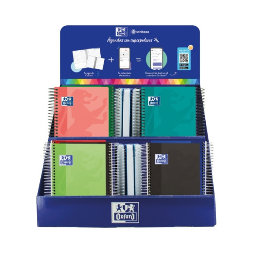 Oxford Basicos Expositor de 38 Agendas Escolares 25/26 Espiral - Incluye Agendas de Dia Pagina y Semana Vista - Diseños Surtidos