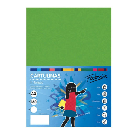 Fabrisa Pack de 25 Cartulinas 180 g/m² - Tamaño A3 - Color Verde Fuerte
