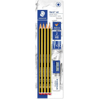 Staedtler Noris 120 Pack de 4 Lapices de Grafito Hexagonales 2HB + 1 Goma de Borrar Rasoplast + 1 Sacapuntas - Resistencia a la Rotura - Madera de Bosques Sostenibles