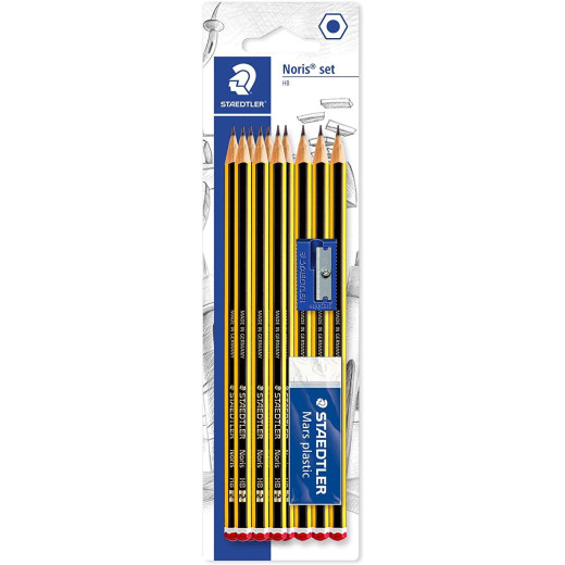 Staedtler Noris 120 Pack de 10 Lapices de Grafito Hexagonales 2HB + 1 Goma de Borrar Plastic 526 50 + 1 Sacapuntas 510 50 - Resistencia a la Rotura - Madera de Bosques Sostenibles