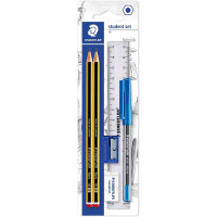 Staedtler Pack de 2 Lapices Noris de Grafito Hexagonales 2HB + 1 Boligrafo Stick 430 Azul + 1 Goma de Borrar  + 1 Sacapuntas +1 Regla