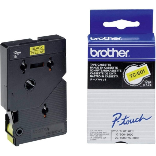 Brother TC601 Cinta Laminada Original para Rotuladora - Texto Negro sobre Fondo Amarillo - Ancho 12mm x 7 metros