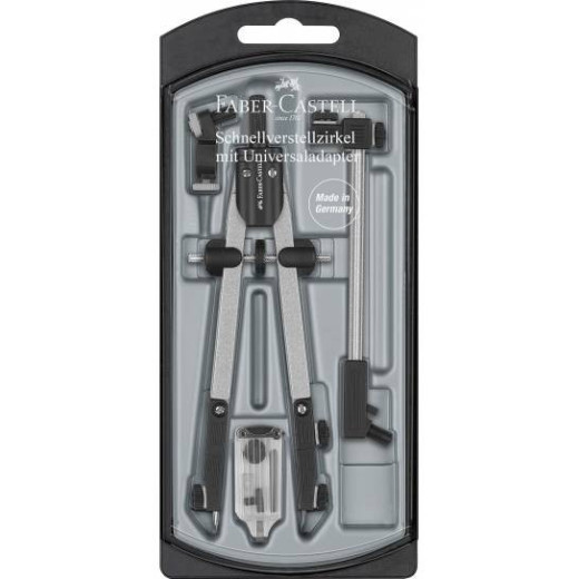 Faber-Castell Compas de Ajuste Rapido con Alargadera - Articulaciones en ambos Brazos - Accesorios de Recambio - Adaptador Universal