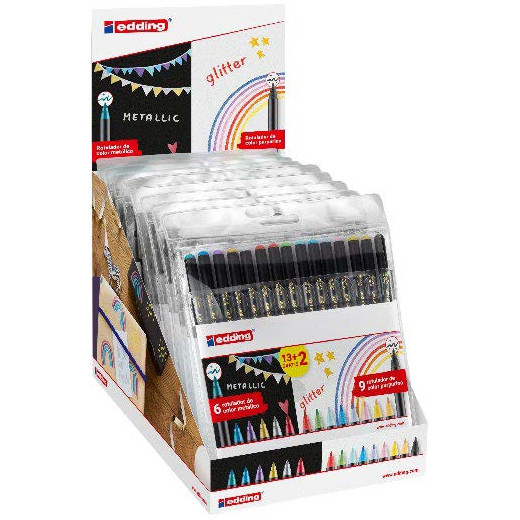 Edding 1200 Expositor con 15 Packs de 15 Rotuladores - Punta Redonda - Tinta con Base de Agua - Colores Metalicos y Purpurina Surtidos