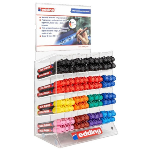 Edding 300 Expositor de 96 Rotuladores Permanentes - Punta Redonda - Trazo entre 1.5 y 3mm - Tinta Casi Inodora - Capuchon con Clip - Secado Rapido - Colores Surtidos