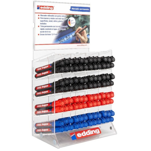 Edding 300 Expositor de 96 Rotuladores Permanentes - Punta Redonda - Trazo entre 1.5 y 3mm - Tinta Casi Inodora - Capuchon con Clip - Secado Rapido - Colores Negro
