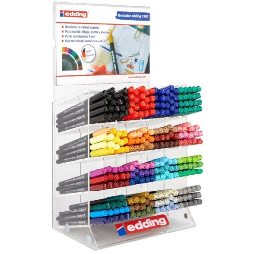 Edding 1300 Expositor con 260 Rotuladores - Punta Redonda - Trazo Medio - Tinta con Base de Agua - Colores Surtidos