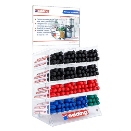 Edding 3000 Expositor con 128 Rotuladores Permanentes - Punta Redonda de 1.5mm - Trazo entre 1.5 y 3mm - Recargable - Secado Rapido - Colores Negro