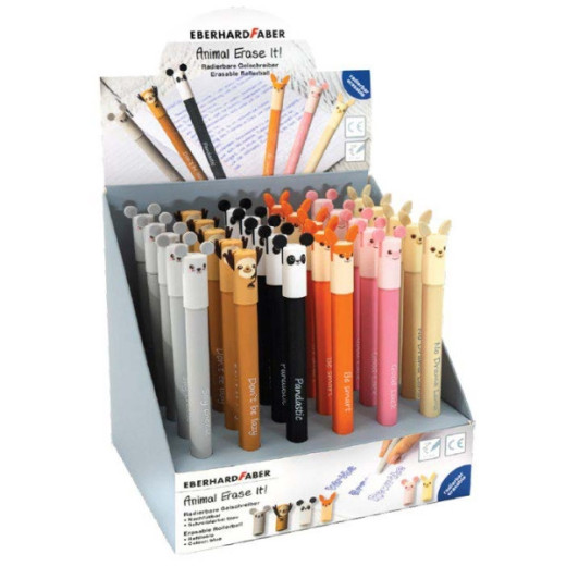 Eberhard Faber Animal Erase It! Expositor con 36 Boligrafos Borrables Tinta Gel Azul - Trazo 0.7mm - Capuchon con Formas de Animales - Tacto Soft