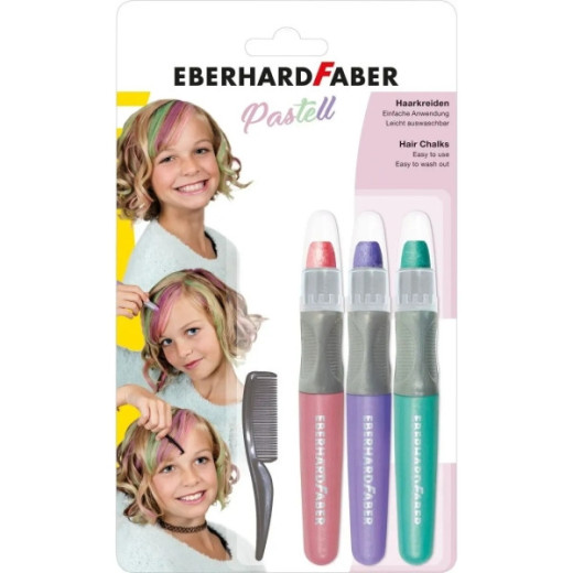 Eberhard Faber Pack de 3 Tizas Pastel para el Cabello + 1 Mini Peine - Aplicar sobre el Cabello Seco - Utilice el Peine para Dispensar el Color - Facil de Lavar - Colores Rosa