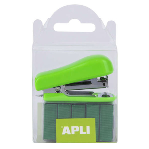 Apli Pocket Pack de Grapadora + 2000 Grapas del mismo Color - Tamaño 56mm para Grapas Nº10 - Ideal para Escuela y Hogar - Color Verde