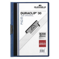 Durable Duraclip 30 Carpeta de Plastico con Clip de Acero - Tamaño A4 - Capacidad hasta 30 Hojas - Parte Posterior Rigida Color Azul Oscuro