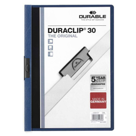 Durable Duraclip 30 Carpeta de Plastico con Clip de Acero - Tamaño A4 - Capacidad hasta 30 Hojas - Parte Posterior Rigida Color Azul Oscuro