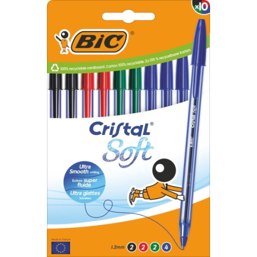 Bic Cristal Soft Pack de 10 Boligrafos de Bola - Punta Media de 1.2mm - Trazo 0.45mm - Escritura mas Fluida - Colores Surtidos
