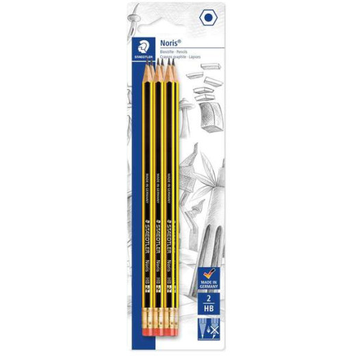 Staedtler Noris 122 Pack de 6 Lapices de Grafito Hexagonales 2HB con Goma - Resistencia a la Rotura - Madera de Bosques Sostenibles