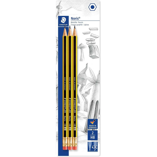 Staedtler Noris 122 Pack de 3 Lapices de Grafito Hexagonales 2HB con Goma - Resistencia a la Rotura - Madera de Bosques Sostenibles