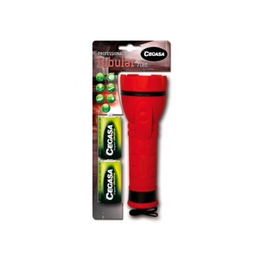 Cegasa Profesional Linterna de 7 Leds - Cuerpo de Goma Antideslizante - Resistente a Golpes y Humedad - Funciona con 2 Pilas LR20 (Incluidas)