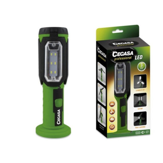 Cegasa Profesional Linterna LED - 3 Paneles LED y Frontal - 3 Modos de Iluminacion - Funciona con 3 Pilas AAA (No Incluidas) - Color Negro/Verde