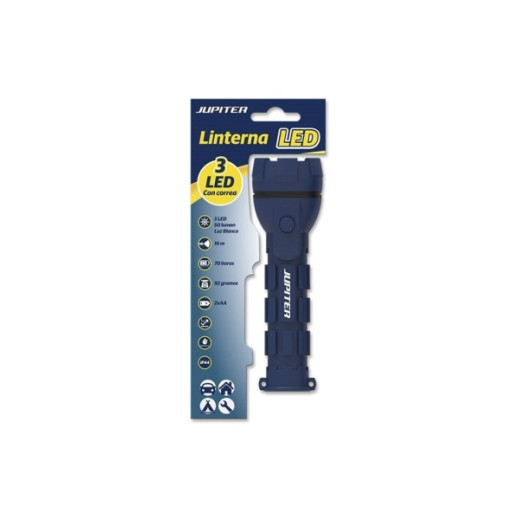 Jupiter Linterna de Luz Blanca 3 LED 50lm - Cuerpo de Goma - Resistencia IP44 - Funciona con 2 Pilas AA (Incluidas) - Color Azul