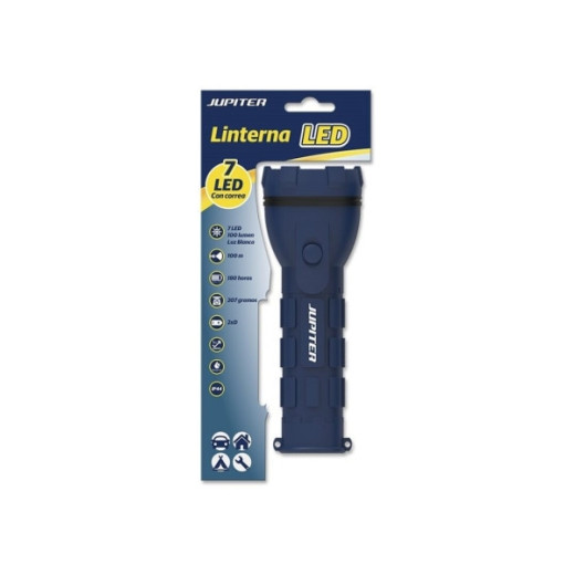 Jupiter Linterna de Luz Blanca 7 LED 100lm - Cuerpo de Goma - Resistencia IP44 - Funciona con 2 Pilas D R20 (No Incluidas) - Color Azul