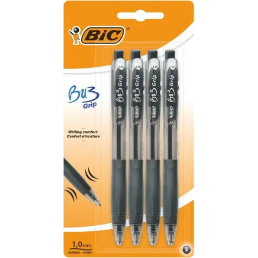 Bic Bu3 Pack de 4 Boligrafos Retractiles - Punta Media de 1mm - Trazo 0.32mm - Grip de Goma - Escritura mas Fluida - Color Negro