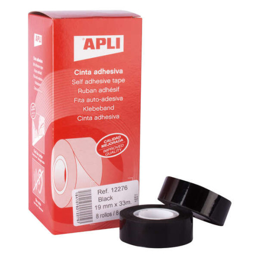 Apli Cinta Adhesiva Negra 19mm x 33m - Resistente al Agua y a la Intemperie - Facil de Cortar con las Manos - Ideal para Uso en Exteriores Negro