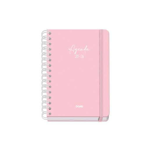 Dohe Serenity Agenda Escolar 25/26 Espiral Wire?o A5 - Semana Vista - Papel 80g/m2 - 4 Hojas de Pegatinas - Cubierta de Carton Plastificado - Cierre con Goma Elastica - Color Rosa