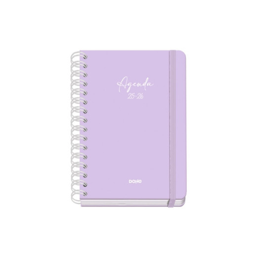 Dohe Serenity Agenda Escolar 25/26 Espiral Wire?o A5 - Semana Vista - Papel 80g/m2 - 4 Hojas de Pegatinas - Cubierta de Carton Plastificado - Cierre con Goma Elastica - Color Morado
