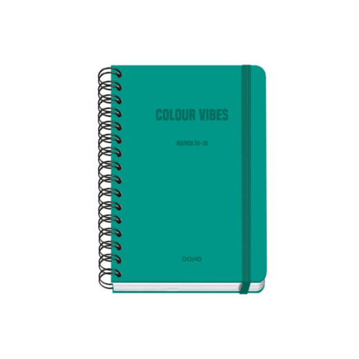 Dohe Colour Vibes Agenda Escolar 25/26 Espiral Wire?o A5 - Semana Vista - Papel 80g/m2 - 4 Hojas de Pegatinas - Cubierta de Carton Plastificado - Cierre con Goma Elastica - Color Verde