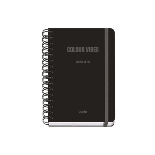 Dohe Colour Vibes Agenda Escolar 25/26 Espiral Wire?o A5 - Semana Vista - Papel 80g/m2 - 4 Hojas de Pegatinas - Cubierta de Carton Plastificado - Cierre con Goma Elastica - Color Negro