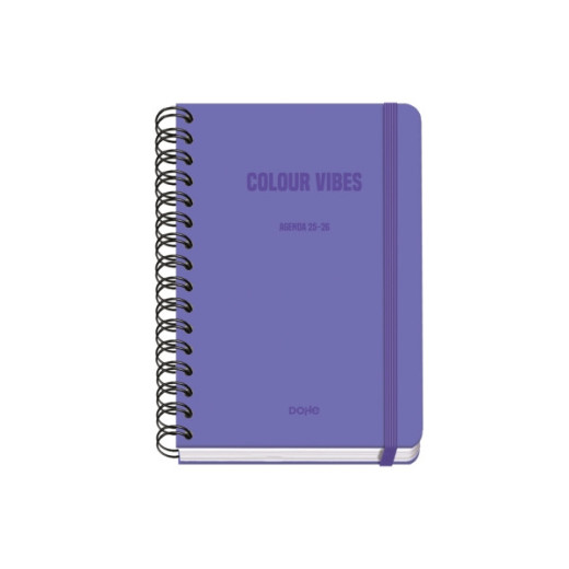 Dohe Colour Vibes Agenda Escolar 25/26 Espiral Wire?o A5 - Semana Vista - Papel 80g/m2 - 4 Hojas de Pegatinas - Cubierta de Carton Plastificado - Cierre con Goma Elastica - Color Morado