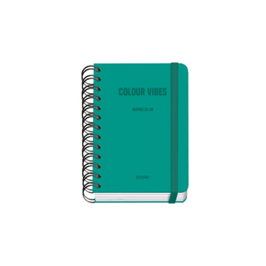 Dohe Colour Vibes Agenda Escolar 25/26 Espiral Wire?o A6 - Dia Pagina - Papel 80g/m2 - 4 Hojas de Pegatinas - Cubierta de Carton Plastificado - Cierre con Goma Elastica - Color Verde