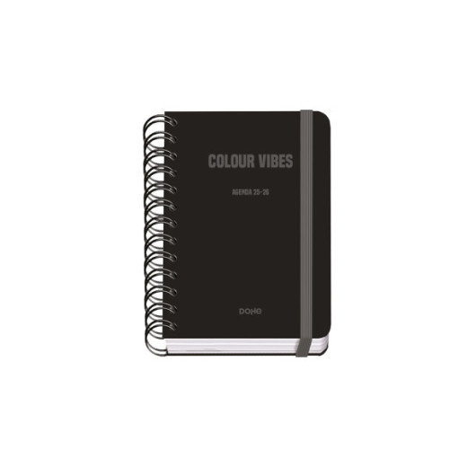 Dohe Colour Vibes Agenda Escolar 25/26 Espiral Wire?o A6 - Dia Pagina - Papel 80g/m2 - 4 Hojas de Pegatinas - Cubierta de Carton Plastificado - Cierre con Goma Elastica - Color Negro