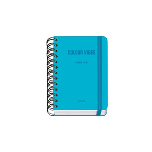 Dohe Colour Vibes Agenda Escolar 25/26 Espiral Wire?o A6 - Dia Pagina - Papel 80g/m2 - 4 Hojas de Pegatinas - Cubierta de Carton Plastificado - Cierre con Goma Elastica - Color Azul Cyan