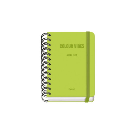 Dohe Colour Vibes Agenda Escolar 25/26 Espiral Wire?o A6 - Dia Pagina - Papel 80g/m2 - 4 Hojas de Pegatinas - Cubierta de Carton Plastificado - Cierre con Goma Elastica - Color Verde Lima