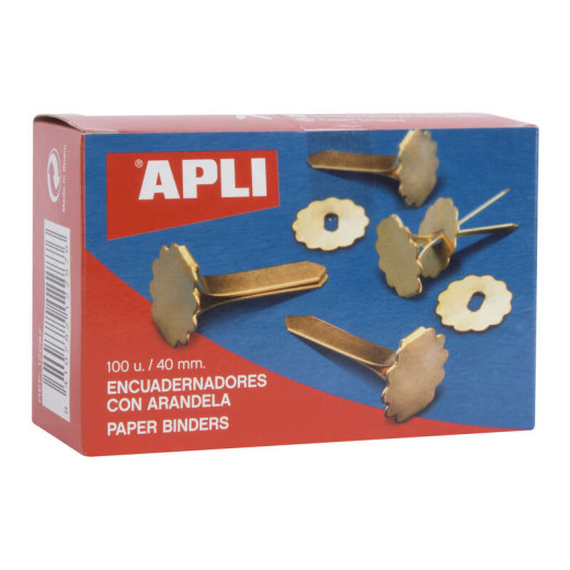 Apli Encuadernadores Metalicos con Arandela - 40mm - Caja de 100 - Aptos para Todo Tipo de Documentos - Incluyen Arandela para Embellecer y Evitar Rozaduras