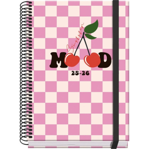 Dohe Cherry Agenda Escolar 25/26 Espiral A5 - Dia Pagina - Papel 70g/m2 - 4 Hojas de Pegatinas - Cubierta de Carton Plastificado - Cierre con Goma Elastica